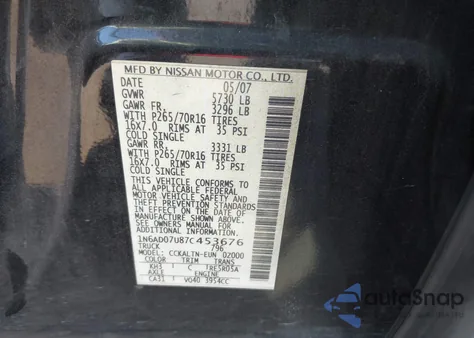 2007 Nissan Frontier Se z USA, uszkodzony, nr VIN 1N6AD07U87C453676
